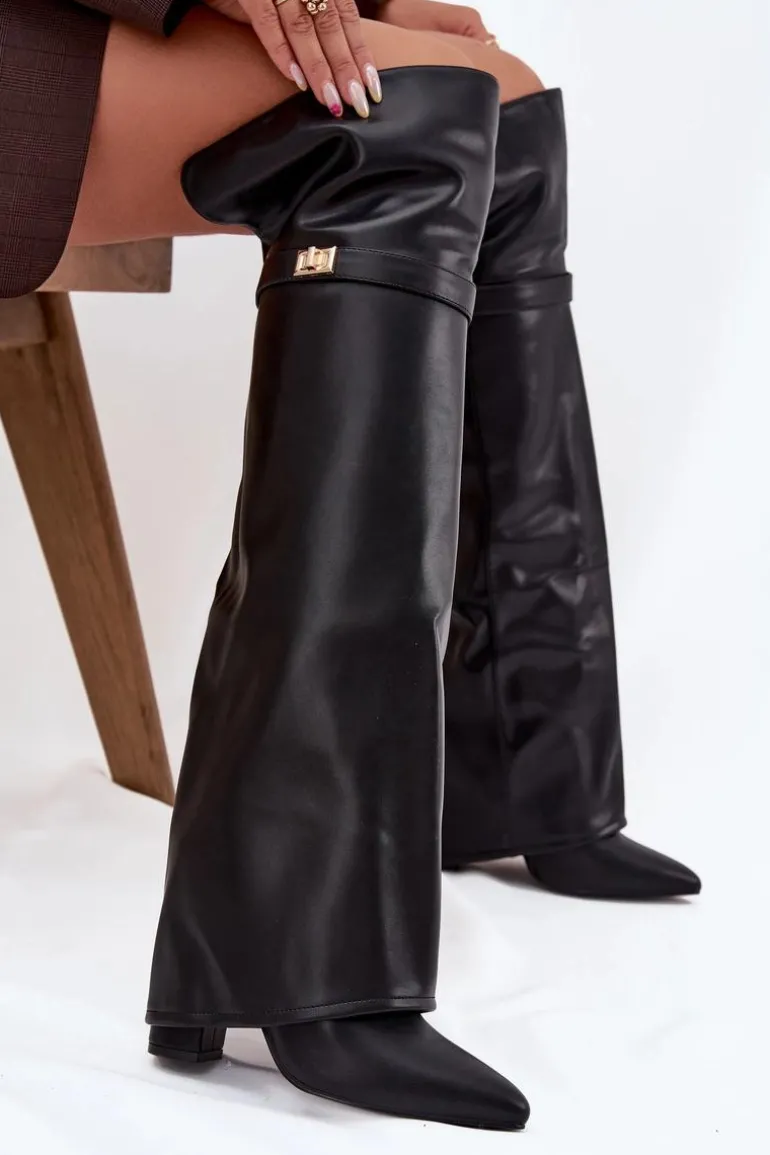 Ocieplane Kozaki Z Wywiniętą Cholewką Za Kolano Obcas Słupek Czarne Serelle