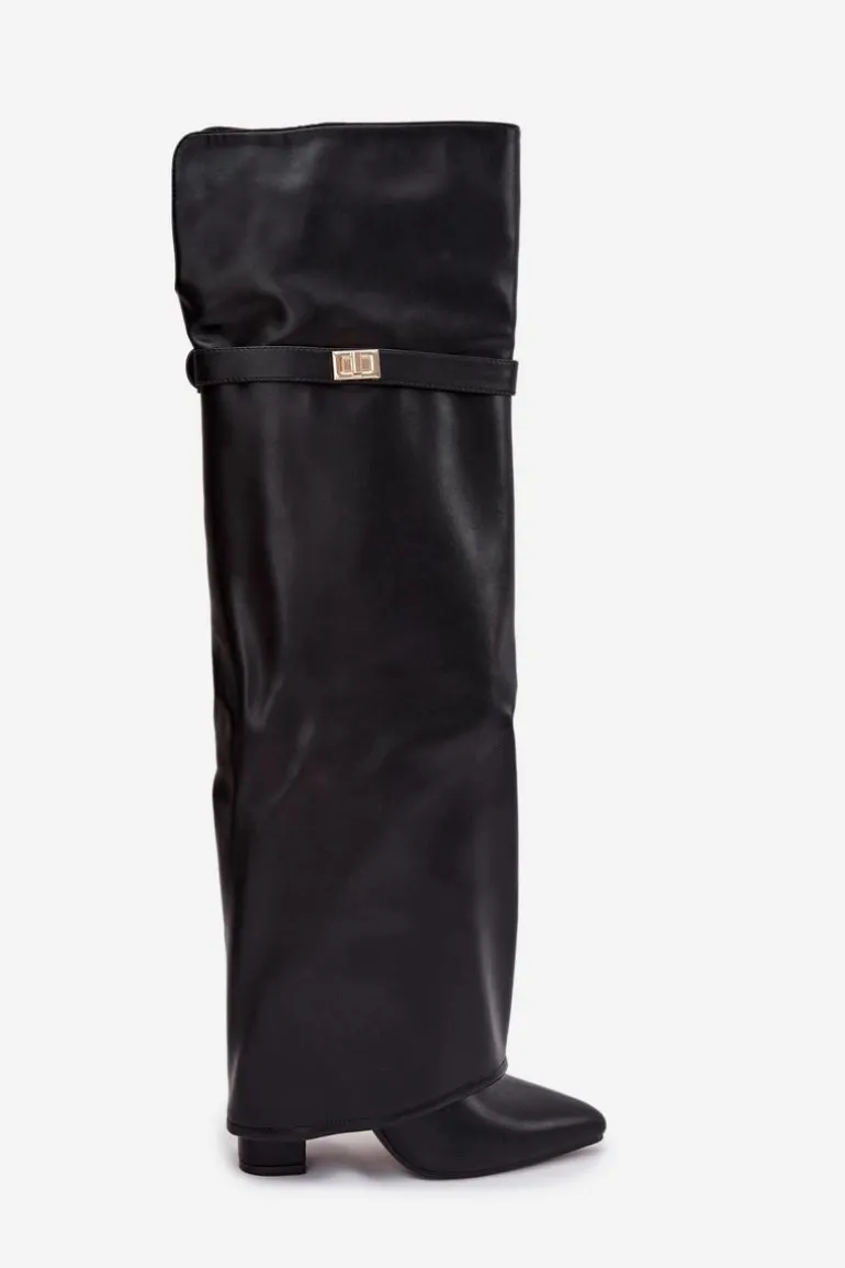 Ocieplane Kozaki Z Wywiniętą Cholewką Za Kolano Obcas Słupek Czarne Serelle