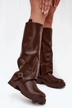 Ocieplane Kozaki Z Wywiniętą Cholewką I Klamrą Czekoladowe Fiorae