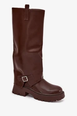 Ocieplane Kozaki Z Wywiniętą Cholewką I Klamrą Czekoladowe Fiorae