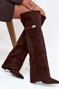 Ocieplane Kozaki Z Wywiniętą Cholewką Za Kolano Obcas Słupek Czekoladowe Serelle