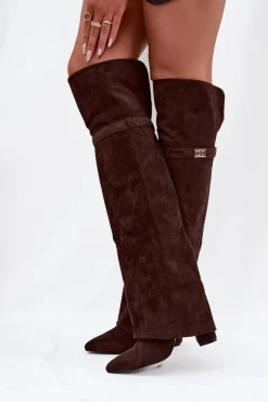 Ocieplane Kozaki Z Wywiniętą Cholewką Za Kolano Obcas Słupek Czekoladowe Serelle