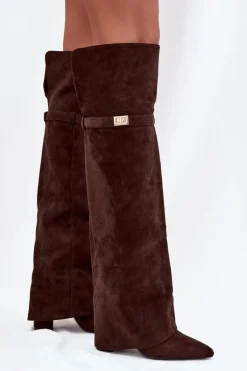 Ocieplane Kozaki Z Wywiniętą Cholewką Za Kolano Obcas Słupek Czekoladowe Serelle