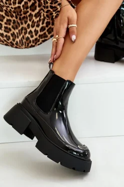 Ocieplane Lakierowane Botki Sztyblety Na Zamek Czarne Jesschris