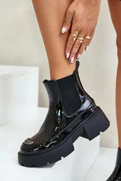 Ocieplane Lakierowane Botki Sztyblety Na Zamek Czarne Jesschris