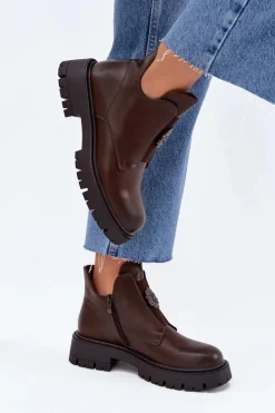 Ocieplane Niskie Botki Damskie Z Ozdobą Na Zamek Brązowe Lavira