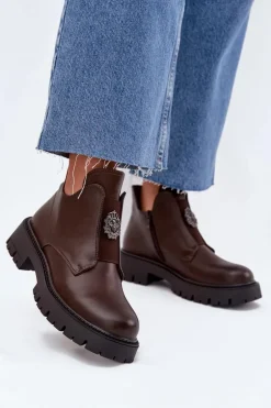 Ocieplane Niskie Botki Damskie Z Ozdobą Na Zamek Brązowe Lavira