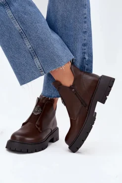 Ocieplane Niskie Botki Damskie Z Ozdobą Na Zamek Brązowe Lavira