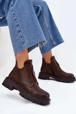 Ocieplane Niskie Botki Damskie Z Ozdobą Na Zamek Brązowe Lavira