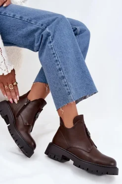 Ocieplane Niskie Botki Damskie Z Ozdobą Na Zamek Brązowe Lavira