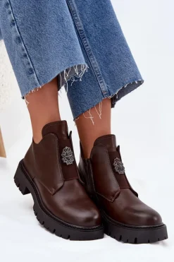 Ocieplane Niskie Botki Damskie Z Ozdobą Na Zamek Brązowe Lavira