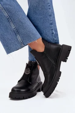 Ocieplane Niskie Botki Damskie Z Ozdobą Na Zamek Czarne Lavira
