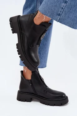 Ocieplane Niskie Botki Damskie Z Ozdobą Na Zamek Czarne Lavira