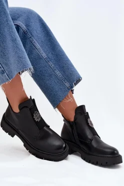 Ocieplane Niskie Botki Damskie Z Ozdobą Na Zamek Czarne Lavira