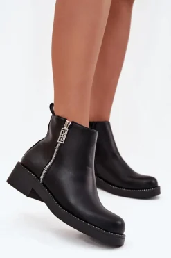 Ocieplane Niskie Botki Damskie Z Cyrkoniami Czarne Vionna