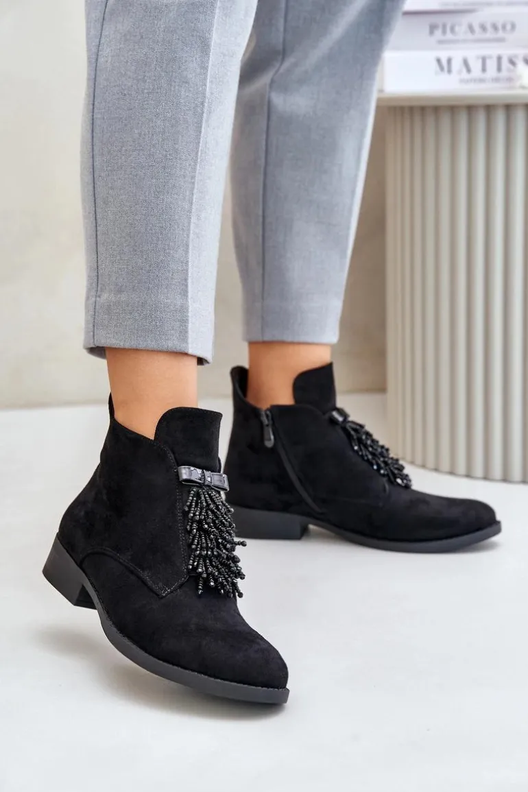 Ocieplane Niskie Botki Z Ozdobą Na Zamek S.Barski HY42-715 Czarne