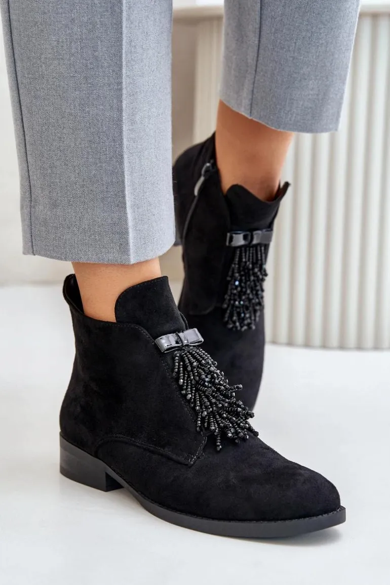 Ocieplane Niskie Botki Z Ozdobą Na Zamek S.Barski HY42-715 Czarne