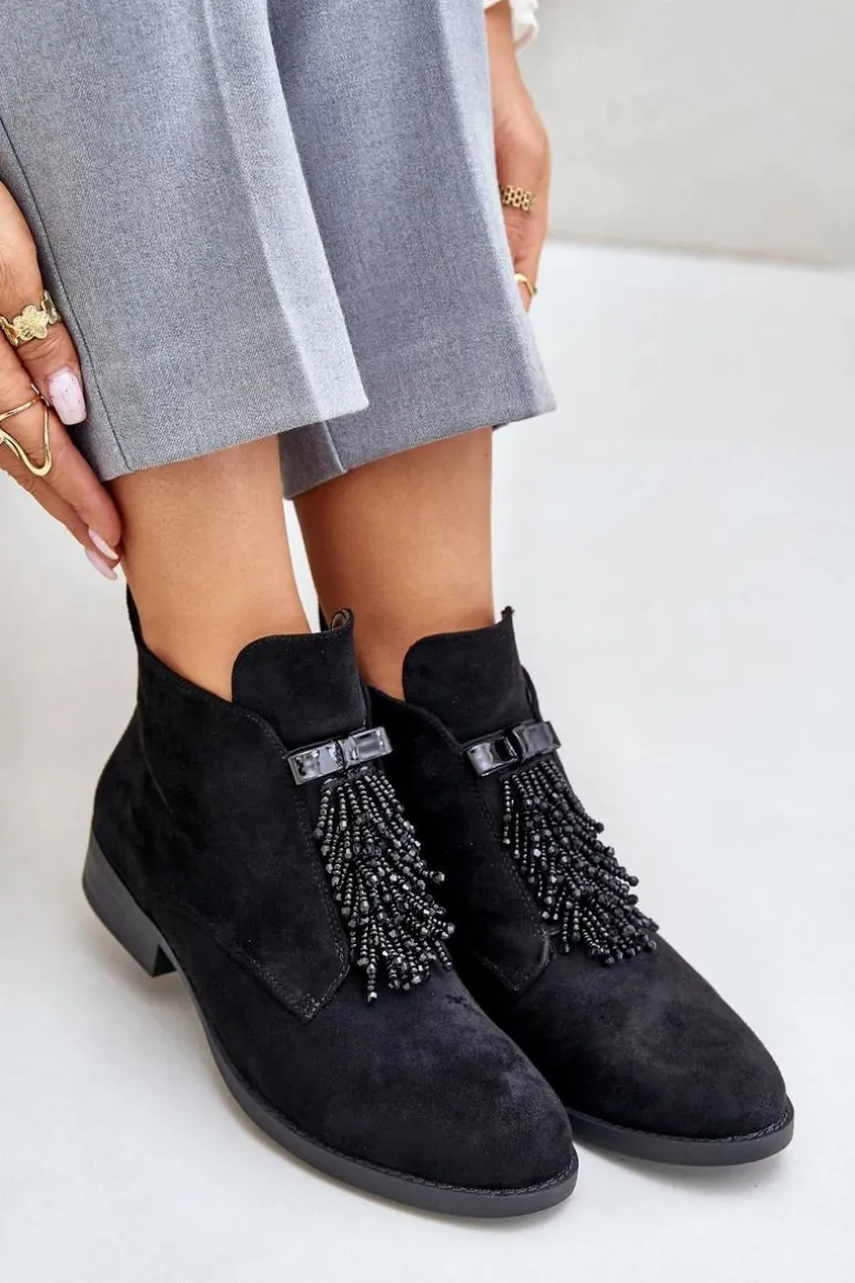 Ocieplane Niskie Botki Z Ozdobą Na Zamek S.Barski HY42-715 Czarne