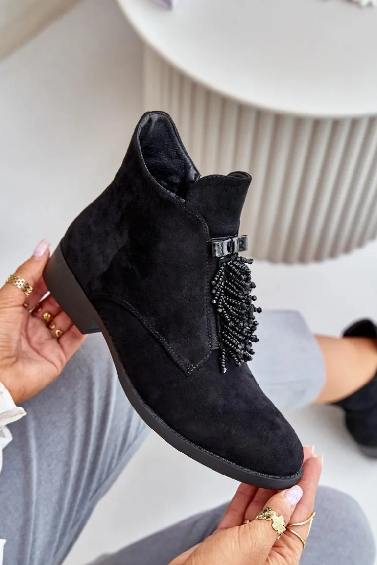 Ocieplane Niskie Botki Z Ozdobą Na Zamek S.Barski HY42-715 Czarne