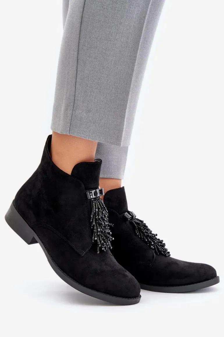 Ocieplane Niskie Botki Z Ozdobą Na Zamek S.Barski HY42-715 Czarne