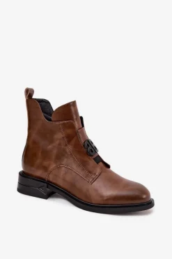 Ocieplane Skórzane Botki Damskie Z Ozdobnym Detalem Brązowe Briselda