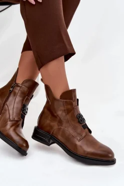 Ocieplane Skórzane Botki Damskie Z Ozdobnym Detalem Brązowe Briselda