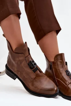 Ocieplane Skórzane Botki Damskie Z Ozdobnym Detalem Brązowe Briselda