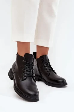 Ocieplane Skórzane Botki Damskie Na Niskim Obcasie Vinceza 39953 Czarne