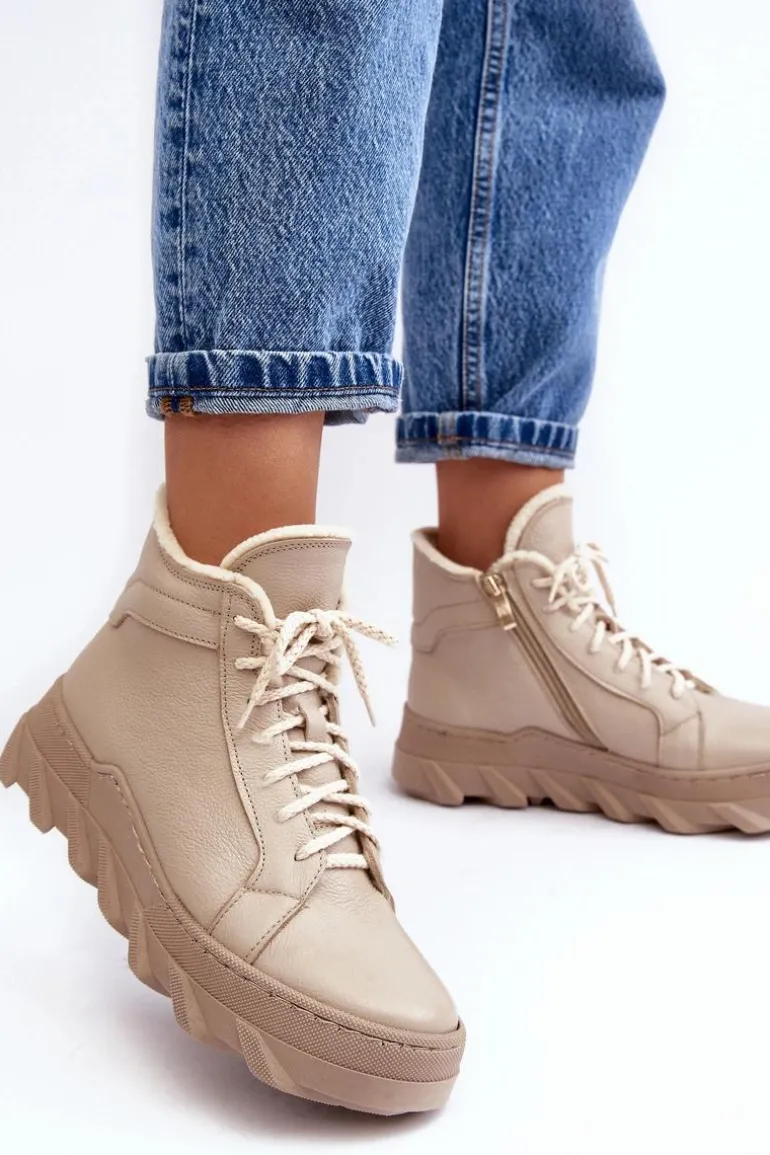 Ocieplane Skórzane Botki Damskie Na Platformie Beżowe Lemar Jevette