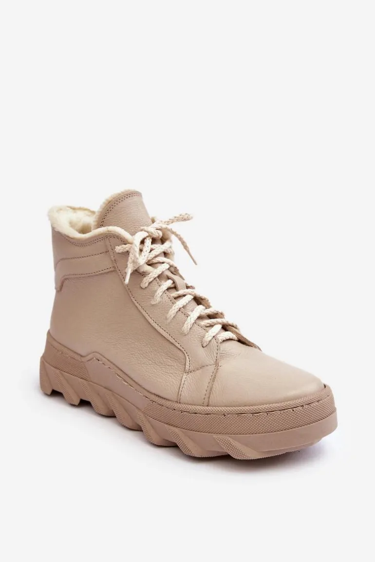 Ocieplane Skórzane Botki Damskie Na Platformie Beżowe Lemar Jevette