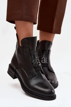 Ocieplane Skórzane Botki Damskie Z Ozdobnym Detalem Czarne Briselda