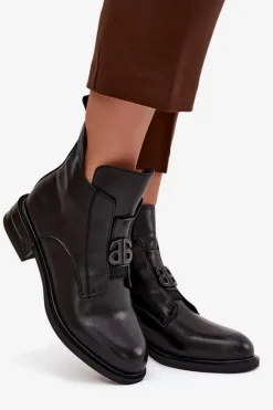 Ocieplane Skórzane Botki Damskie Z Ozdobnym Detalem Czarne Briselda