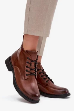 Ocieplane Skórzane Botki Damskie Na Niskim Obcasie Vinceza 39953 Brązowe