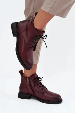 Ocieplane Skórzane Botki Damskie Na Niskim Obcasie Vinceza 39953 Bordowe
