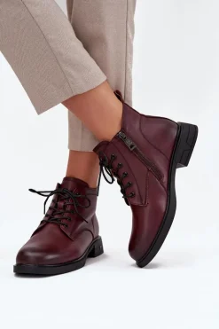Ocieplane Skórzane Botki Damskie Na Niskim Obcasie Vinceza 39953 Bordowe