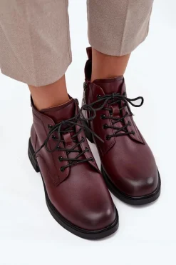 Ocieplane Skórzane Botki Damskie Na Niskim Obcasie Vinceza 39953 Bordowe