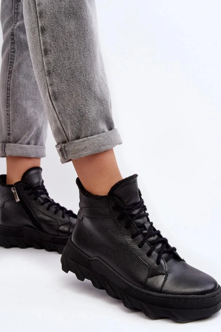 Ocieplane Skórzane Botki Damskie Na Platformie Czarne Lemar Jevette