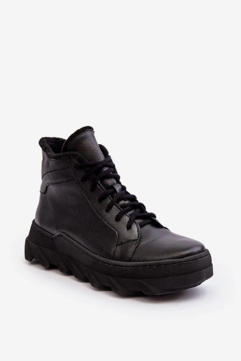 Ocieplane Skórzane Botki Damskie Na Platformie Czarne Lemar Jevette