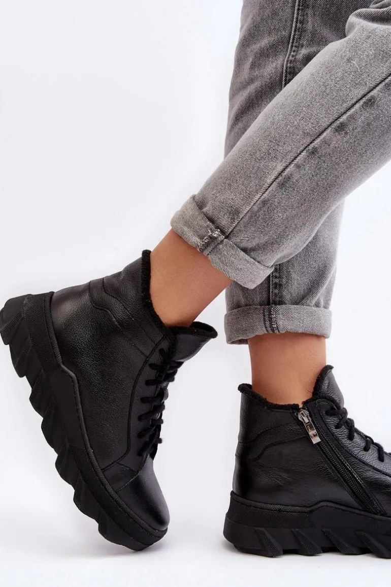 Ocieplane Skórzane Botki Damskie Na Platformie Czarne Lemar Jevette