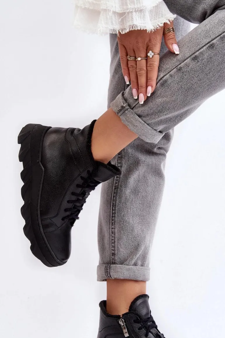 Ocieplane Skórzane Botki Damskie Na Platformie Czarne Lemar Jevette