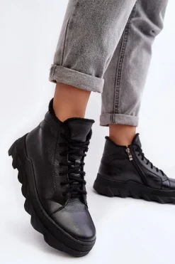 Ocieplane Skórzane Botki Damskie Na Platformie Czarne Lemar Jevette