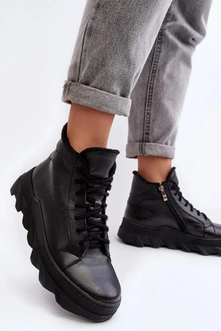 Ocieplane Skórzane Botki Damskie Na Platformie Czarne Lemar Jevette