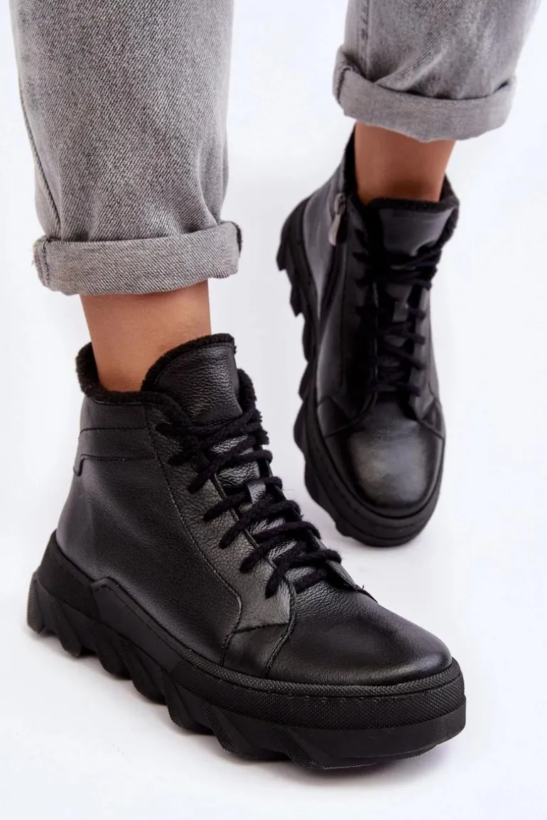 Ocieplane Skórzane Botki Damskie Na Platformie Czarne Lemar Jevette