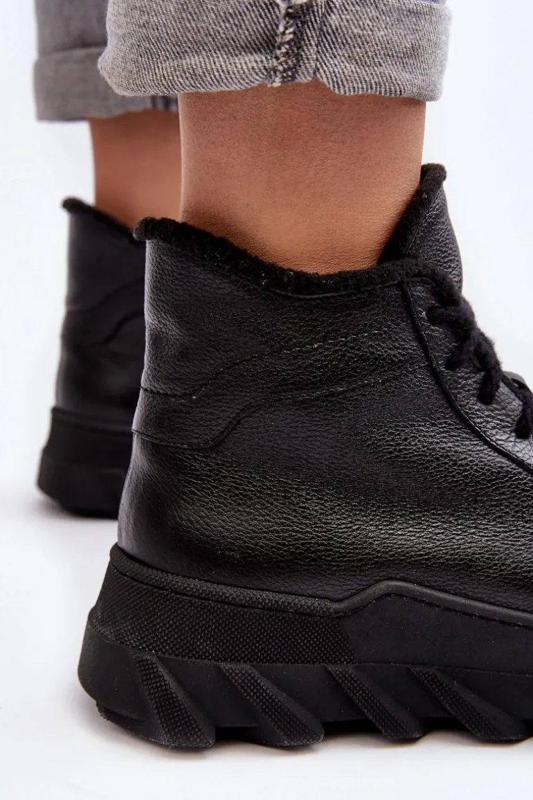Ocieplane Skórzane Botki Damskie Na Platformie Czarne Lemar Jevette