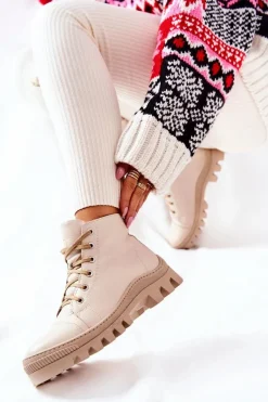 Ocieplane Skórzane Botki Trapery Beżowe Madisson