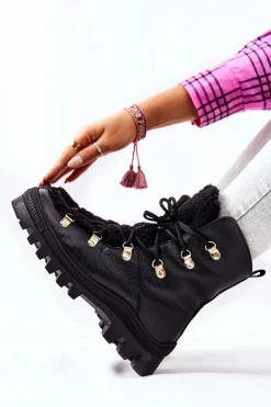 Ocieplane Skórzane Botki Trapery Czarne Cateline