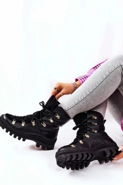 Ocieplane Skórzane Botki Trapery Czarne Cateline