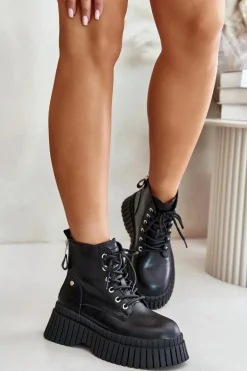 Ocieplane Skórzane Botki Trapery Na Masywnej Podeszwie GOE OO2N4126 Czarne