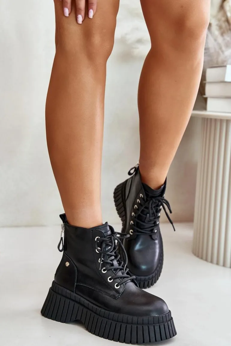 Ocieplane Skórzane Botki Trapery Na Masywnej Podeszwie GOE OO2N4126 Czarne