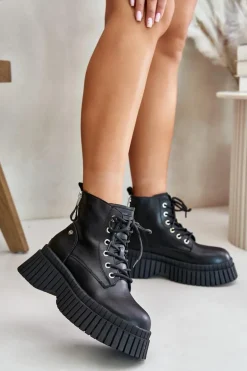 Ocieplane Skórzane Botki Trapery Na Masywnej Podeszwie GOE OO2N4126 Czarne